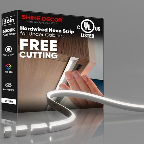 Shine Decor Under Cabinet Lighting Strip, Free Cuttable LED Silicone Neon Rope Hardwired 24V Anti-Glare Bright Cozy 756 Lumen for Indoor, Adhesive White Shell 6000K Cool 36” UL Certified, No Adapter by ShineDecor