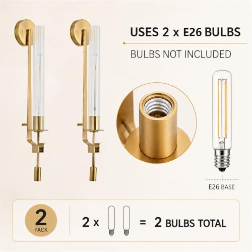 LIGHTLAND Gold Wall Sconces Set of 2, 28 Inch Modern Metal Glass Wall Light Fixture, Wall Lamp for Living Room Bedroom Hallway - Image 5