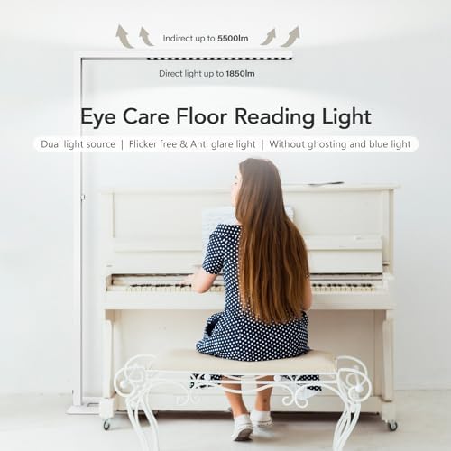 STERREN 77" LED Floor Lamp for Office, 7350LM Dimmable Eye-Care Standing Piano Lamp,70W Tall Reading Light, 4000K Bright Lighting for Living Room - White - Image 2