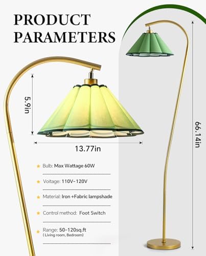 Floor Lamp with Pleated Linen Lampshade, Modern Flower Floor Lamp for Living Room Arc Standing Lamp, Gold Tall Lamp for Bedroom Office Dining Room, Bulb Included (Gold + Green, 65IN) - Image 5