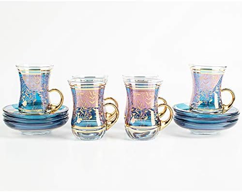 Vintage Turkish Tea Glasses Cups and Saucers Set of 6 Handle Drinkware Drink Bar Fancy Teapots Serving Glassware Drinking Kitchen Women Moroccan Persian Teacups Party Art Deco - Image 6