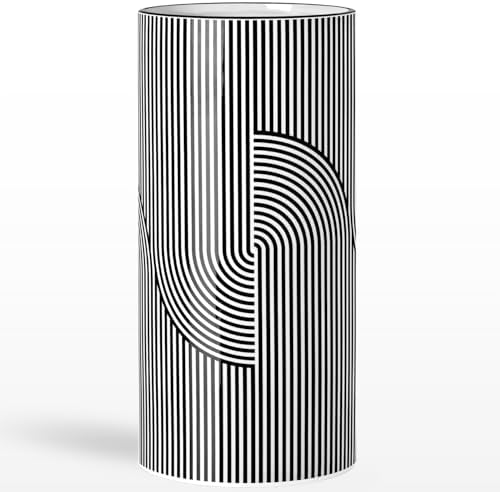 Torre & Tagus 12" Tall Black and White Ceramic Vase for Flowers - Big White Vase with Black Stripes, Gloss Finish & Large Opening for Flower Bouquets or Centerpiece (Monochrome Linear Curve) by TorreTagusHome