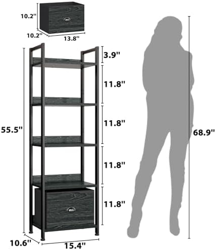 Furologee 5 Tier Bookshelf with Drawer, Kitchen Bakers Rack with Storage, Tall Narrow Bookcase, Industrial Free Standing Display Shelf, Wood and Metal Book Shelf for Bedroom, Living Room, Black - Image 3