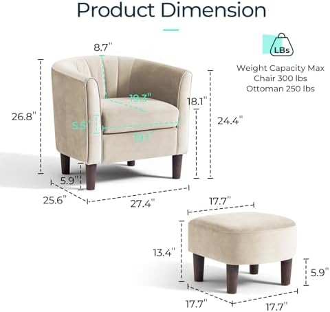 LINSY Accent Chair with Ottoman, Modern Barrel Chair Small Armchair Reading Chair with Footrest, Comfy Round Arms Chair for Living Room Bedroom Reading Room, Velvet, Cream - Image 2