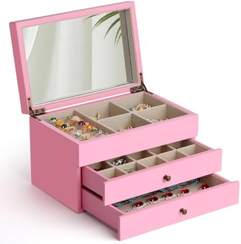 Meangood Jewelry Box Organizer for Women, 3 Layer Large Jewelry Storage Case, Rustic Wooden Jewelry Box with Mirror & Ring Tray for Necklace Earring Bracelets Rings, Vintage Style (Pink) by Meangood
