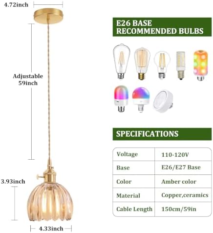 Shenmoyl Pendant Light 2 Pack with Amber Tulip Glass Lmapshade, Brass Vintage Pendant Light Adjustable Hanging Light for Kitchen Island Dining Room Hallway - Image 5