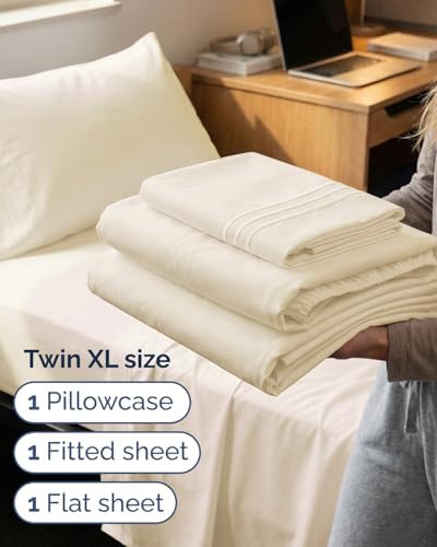 Twin XL 3 Piece Sheet Set - College Dorm Room Essentials - Off White - Image 3