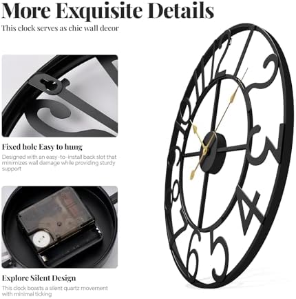 Cuspin 20 Inch Wall Clock for Living Room Decor Black Metal Round Clock - Image 4