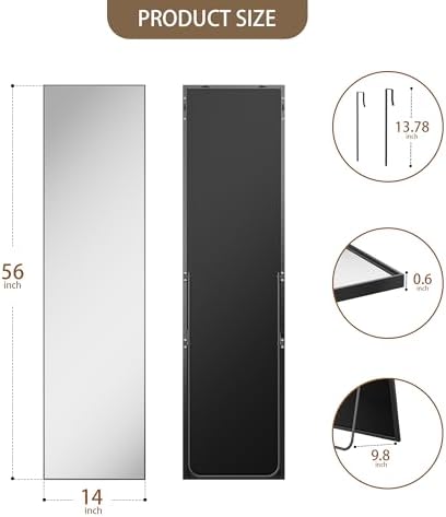 Antok Full Length Mirror, 56"x15" Floor Mirror with Stand, Black, Rect - Image 7