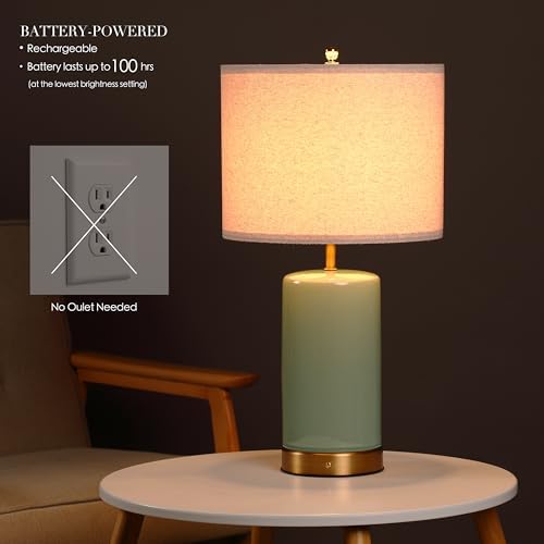 O’Bright Dune - Battery Powered Table Lamp, Rechargeable Cordless Ceramic Lamp, Full-Size 24 Inch Height, 4-Level Dimming, Smart Safety Protection, Type-C Fast Charging, LED Bulb Included, Sage Green - Image 2