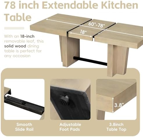 6-Piece Farmhouse Functional Dining Set, Rubber Wood Extendable Dining Table with 4 Upholstered Chairs& Bench, Thick Tabletop and Trestle Legs, Rectangular Dining Room Table Set for 6 (Natural-7.2) - Image 4
