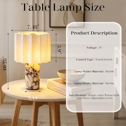 Marble Touch Table Lamp USB Rechargeable Cordless Bedroom Bedside Small Glow Night Light Stone Base and Linen Fabric Shades - Image 2