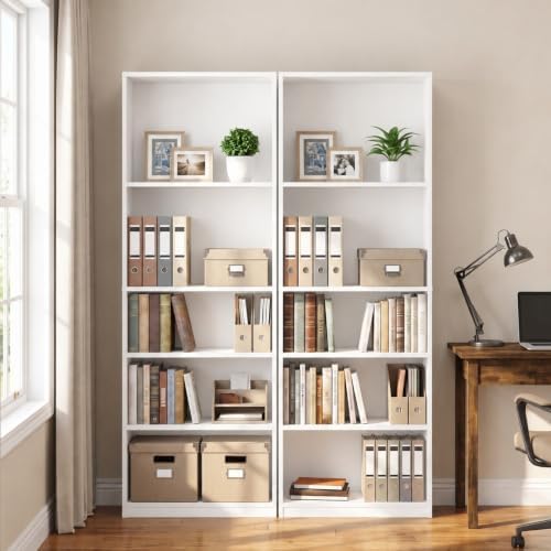 Furinno Jaya 5-Tier Book Shelf with Open Shelf Set of 2, Plain White by Furinno-FitsYourSpaceFitsYourBudget