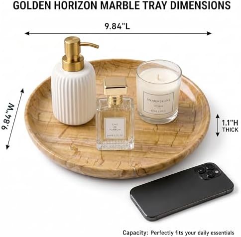 YKAJO Golden Horizon Round Marble Tray, 10" Deep Catchall Vanity Organizer - Image 3
