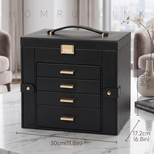 Large Leather Jewelry Box for Women, Mirror, 5 layer, Black - Image 2