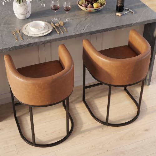 Counter Height Bar Stools Set of 2, Modern Counter Stools for Dining Room, 24 Inch Barstools for Kitchen Island, Faux Leather Bar Stool with Metal Legs and Back Footrest, Brown by KRAMZMINGQualityHome