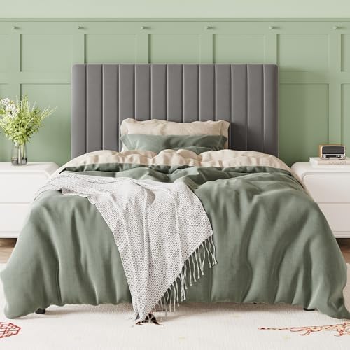Allewie Twin Bed Frame, Velvet Upholstered Platform Bed with Adjustable Vertical Channel Tufted Headboard, Mattress Foundation with Strong Wooden Slats, Box Spring Optional, Easy Assembly, Grey - Image 3