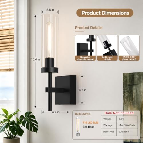 Hardwired Wall Sconces, Black Bathroom Sconces Wall Lighting with Clear Glass, Modern Sconces Wall Decor Set of 2 Bathroom Light fixtures for Mirror Hallway - Image 7