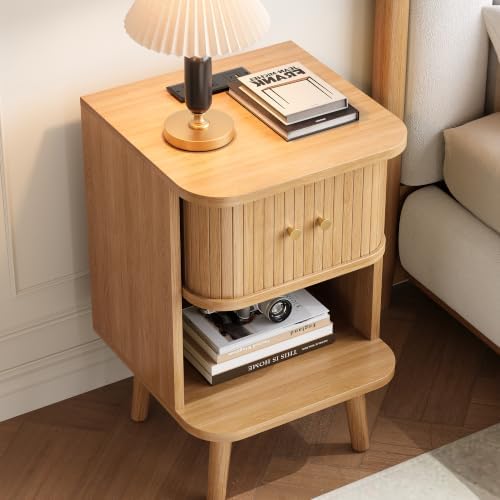 Decofy Fluted Nightstand with Charging Station & Sliding Door, Oak - Image 5