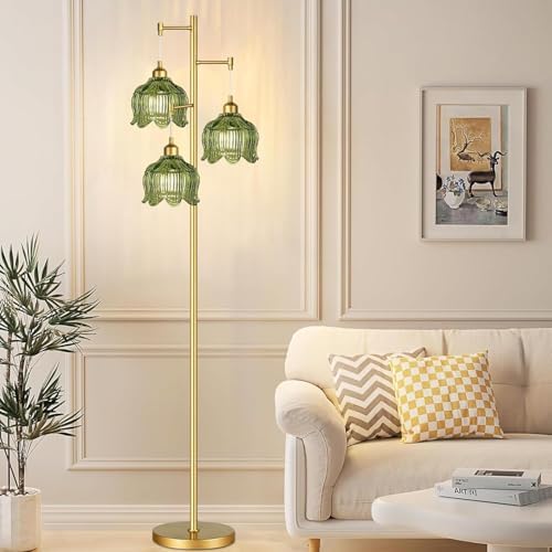 Vintage Floor Lamps for Living Room Bedroom-3 Light Gold Floor Lamp with Glass Lampshape, Flower Green Tall Lamp Mid Century Modern Standing Lamp Tree Floor Lamp for Bedroom Living Room Corner - Image 7