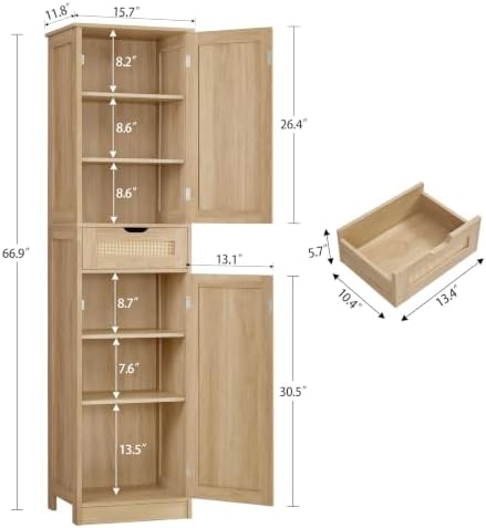 Iwell 66.9" Tall Bathroom Storage Cabinet with 2 Doors & 1 Drawer - Image 3