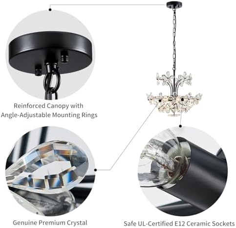 WUZUPS Crystal Chandelier Pendant Flushmount Ceiling Light Modern Lighting Fixture for Bedroom Hallway Bar Kitchen Bathroom, H 15.7" x W 17.7", Black, E12 Base - Image 3