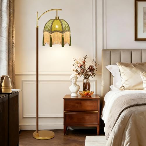 AHDWDW Gold Vintage Floor Lamp for Living Room Bedroom,Arc Victorian Floor Lamps with Remote,Wood Standing Tall Lamp with Green Tassels Velvet Lampshade,Fringe Dimmable Modern Floor Lamp for Corner - Image 7