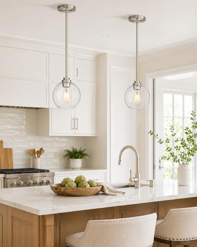 Pendant Lights Kitchen Island, 8" Brushed Nickel Pendant Light Fixtures with Globe Clear Glass Shade, Modern Kitchen Island Lighting for Bathroom, AD-22280-1PL-SN - Image 5