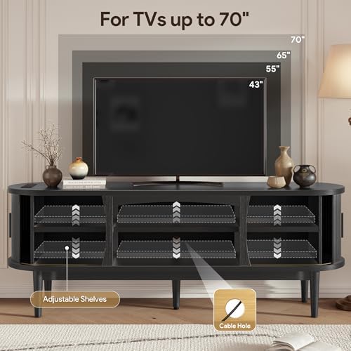 Decofy Mid Century TV Stand for TVs up to 70 Inches, Entertainment Center with Storage, Power Outlet, Fluted Sliding Doors & Adjustable Shelves, Modern Media TV Console Table for Living Room (Black) - Image 3