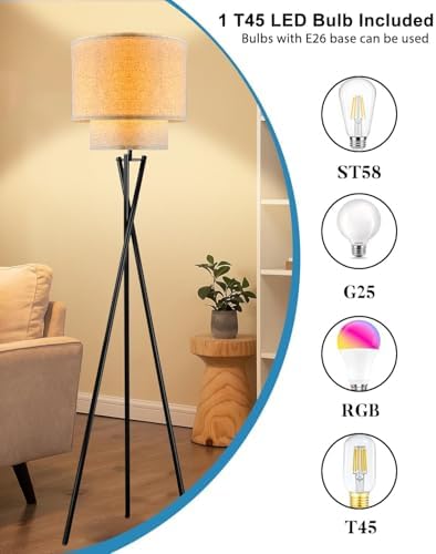 Lightdot Black Tripod Floor Lamp, Modern Floor Lamps for Living Room, Standing Lamp with Dual Drum, E26 Bulb Included, 67.7" Tall Floor Lamp for Bedroom, Home Office - Image 3