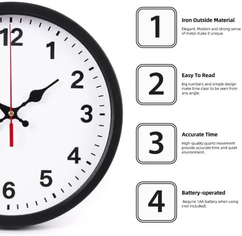 LEIKE Metal Wall Clock 10IN Black, Retro Silent Quartz Battery Operated, Decorative for Patio, Kitchen, Living Room, Bedroom, Pool - Image 2