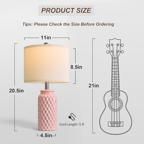 20.5" Small Bedside Lamps Set of 2, Pink Ceramic Nightstand Lamp - Image 5