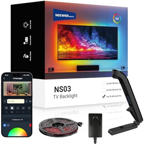 NEEWER Basics TV Backlight for 75"-85" Screens, 16ft/5m LED RGB Light Strips with Sensor Change with TV, Scheduled On/Off, Zero Delay Color Sync, Music Sync, 24 Scenes, Supports App Control, NS03 by Neewer