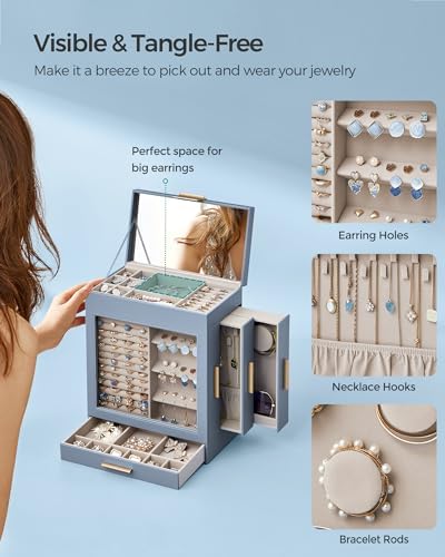 SONGMICS 5-Layer Jewelry Box with Glass Window, 3 Side Drawers - Image 5
