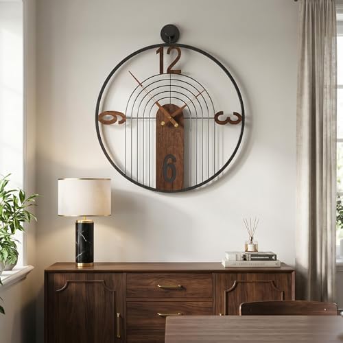 Cuspin 30 Inch Large Wall Clock Modern Black Metal Clock with Walnut Dial - Image 2
