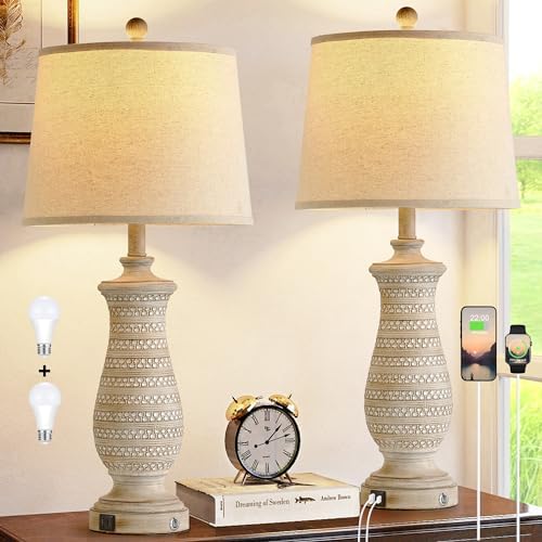 Farmhouse Table Lamps for Living Room Set of 2, Touch Lamps for Nightstand with Dual USB Charging Port, Bedside Table Lamp for Bedroom, 2 Bulb Included by Ireliare