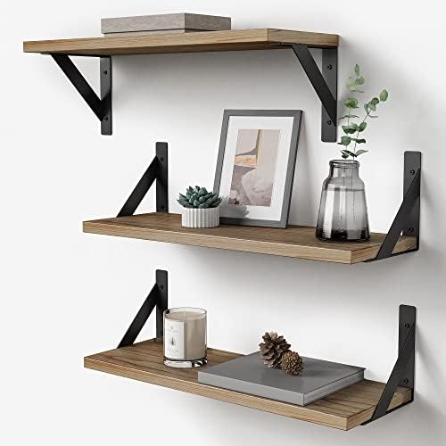 Floating Shelves with Black Metal Brackets Set of 3, Light Wood Wall Bookshelf for Bedroom Over Desk Bed, Hanging Shelf for Office Kitchen Living Room, Bathroom Over Toilet (Natural Color) by Forbena