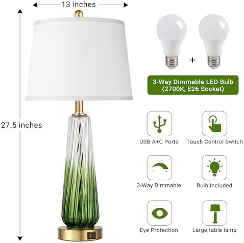 Modern Glass Table Lamps Set of 2, 27.5" Bedside Lamp for Bedroom, Green - Image 4