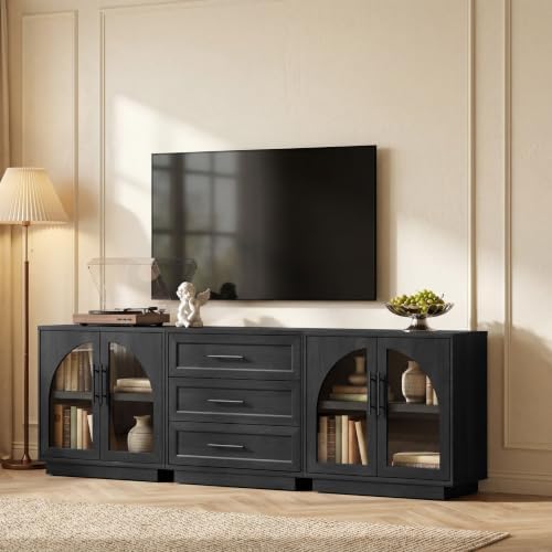 Fatmok Modular Entertainment Center & Buffet Cabinet, Extra Long Sideboard TV Stand with Arched Glass Doors, Modern Wooden Storage Cabinet for Living Room, Black Grey(DED,3-Piece) by Fatmok