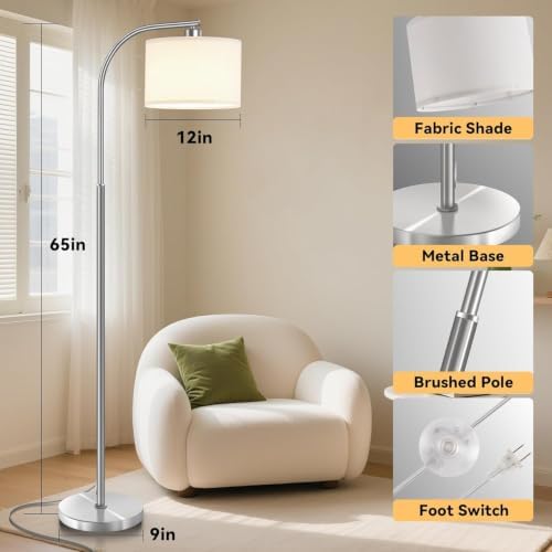 Floor Lamp for Living Room,Modern Standing Lamps with 9W LED Bulb,65'' Silver Tall Floor Light with Fabric Shade,3 Color Temperatures Tall Lamp for Bedroom Office Study Room Corner Dining Room - Image 4