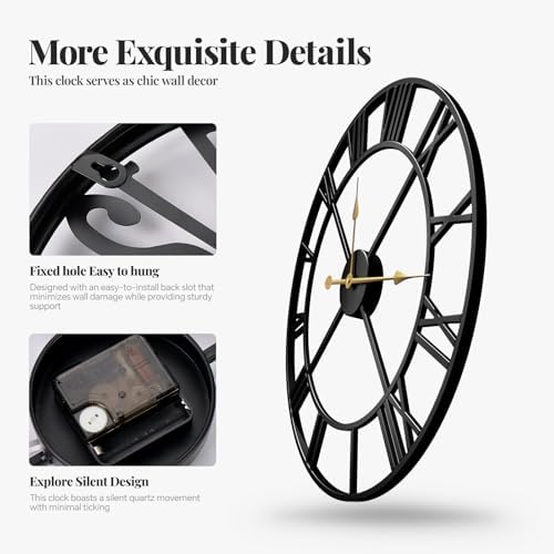 Cuspin 36 Inch Large Wall Clock for Living Room Decor, Black Roman Numeral - Image 4