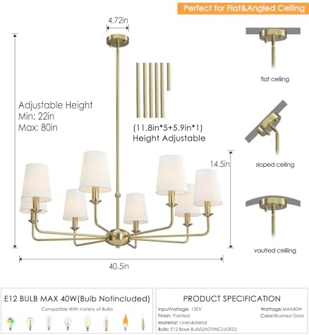 40.5'' 8-Light Brushed Gold Chandelier, E12 Base, White Fabric Shade - Farmhouse & Industrial Style Pendant Light for Dining Room Living Room Bedroom Kitchen - Image 3