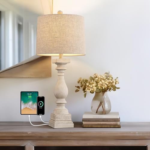 BOBOMOMO Retro 27" USB Charging Ports A/C Wash-White Farmhouse Lamps for Bedrooms Side Table Lamps Bedside Lamp for Nightstand Living Room 1 Pack (Blubs not Included) by BOBOMOMO
