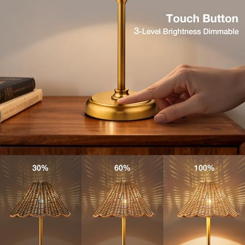 20.5'' Tall Cordless Boho Rattan Table lamp, 5200-mAh Rechargeable Battery, 3-Level Brightness Dimmable, Build-in LED 320 Lumen Max, for Bedside Restaurant Resort Hotel Dining Table - Image 6