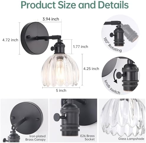 Shenmoyl Vintage Wall Sconce with Transparent Tulip Glass Lampshade 180 Degree Adjustable Black Sconce Hradwired Modern Wall Lighting Fixture with Switch for Bedside Bedroom Doorway - Image 6
