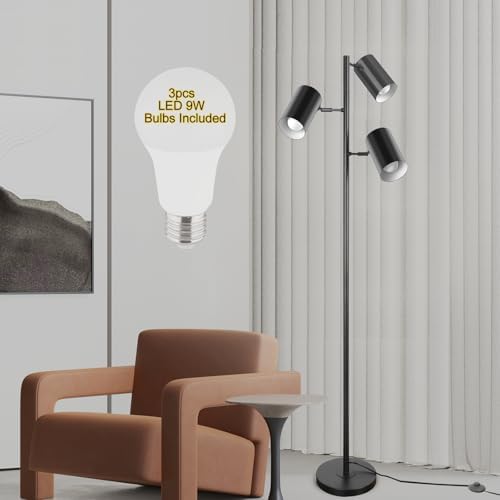 Tree Floor Lamp with 3 Light Bulbs,Black Standing Tall Pole Lamp with 3 Adjustable Rotating Lights,Farmhouse Floor Lamp for Living Room Bedroom Office,Vintage Standing Lamp 9W E26 LED Bulbs Included. - Image 2