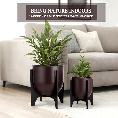 TRIROCKS Set of 2 Planters with Stand Indoor Outdoor Metal Plant Stand 16 &8" H Modern Planters Flower Pots for Living Room Corner Kitchen Office Garden Balcony Patio Decor - Image 2