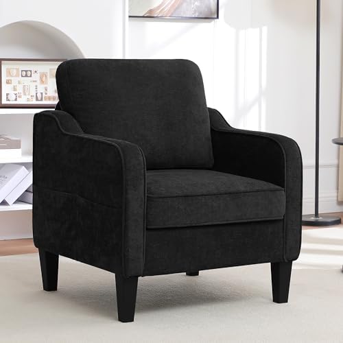 Accent Chair for Living Room, Mid Century Modern Reading Chair for Bedroom, Upholstered Armchair with Side Pockets, Comfy Single Sofa Side Chair for Office, Apartment, Small Room, Black by choairy