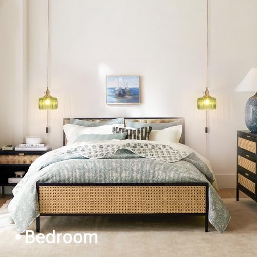 Shenmoyl Plug in Pendant Light Hanging Light Fixtures with Plugin Cord On/Off Switch,Green Striped Glass Lampshade Brass Pendant Light - Image 4