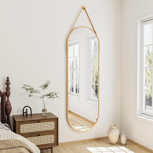 Full Length Mirror, Oval Wall Mounted Mirror, 48"x16" Door Mirrors with Hanging Leather Strap, Wall Mirrors Full Length with Aluminum Frame for Bathroom Living Room Entryway (Gold) - Image 2